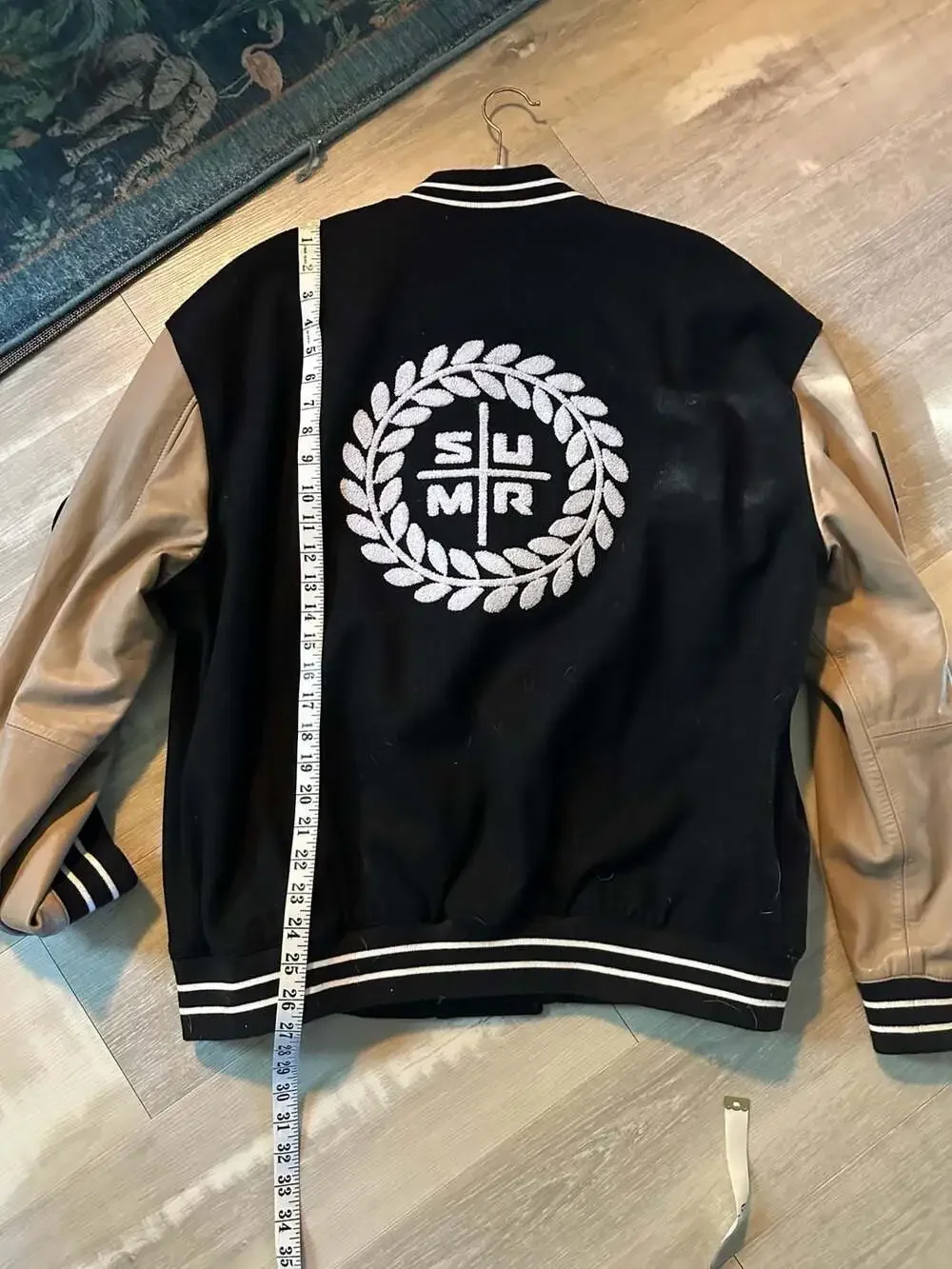 ASOS DESIGN Varsity Jacket with Patches and Faux Leather Sleeves